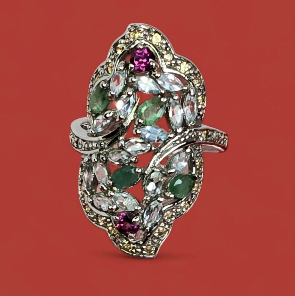 925 Sterling Silver Ring Sz 8 with Natural Emerald, Rhodolite, Sapphire, Topaz